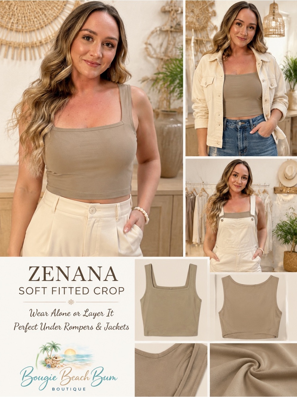 Zenana Outfitters Taupe Square Neck Crop Tank